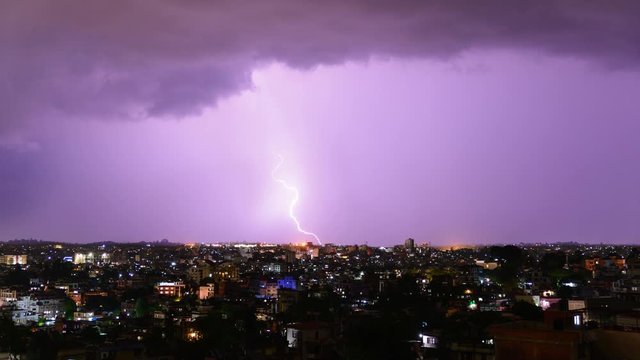 Cinemagraph seamless loop of a thunderstorm time-lapse over Kathmandu in Nepal. Still lightning over time-lapse of the city.