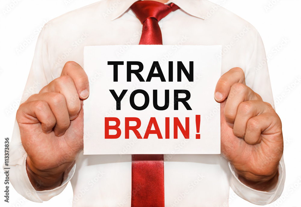 Poster man holding a card with a text train your brain