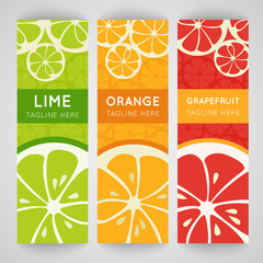 Three bright banner with stylized citrus fruit and splashes