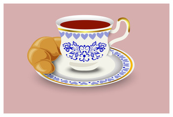 A cup of tea and a bun. Vector illustration, hand drawing.