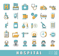 Set of premium quality flat line icons related to medicine, hospital, emergency. Collection of medical icons. Vector illustration.