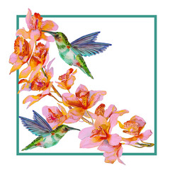 card with orchid flowers, watercolor