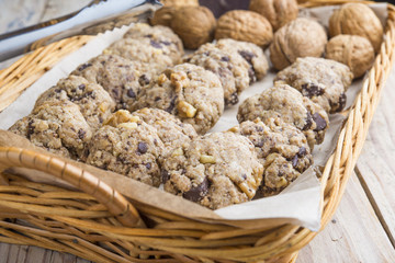 homemade chocolate walnut cookies with ingredients and kitchen u