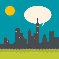 Modern flat illustration of night city with moon and speech bubble.
