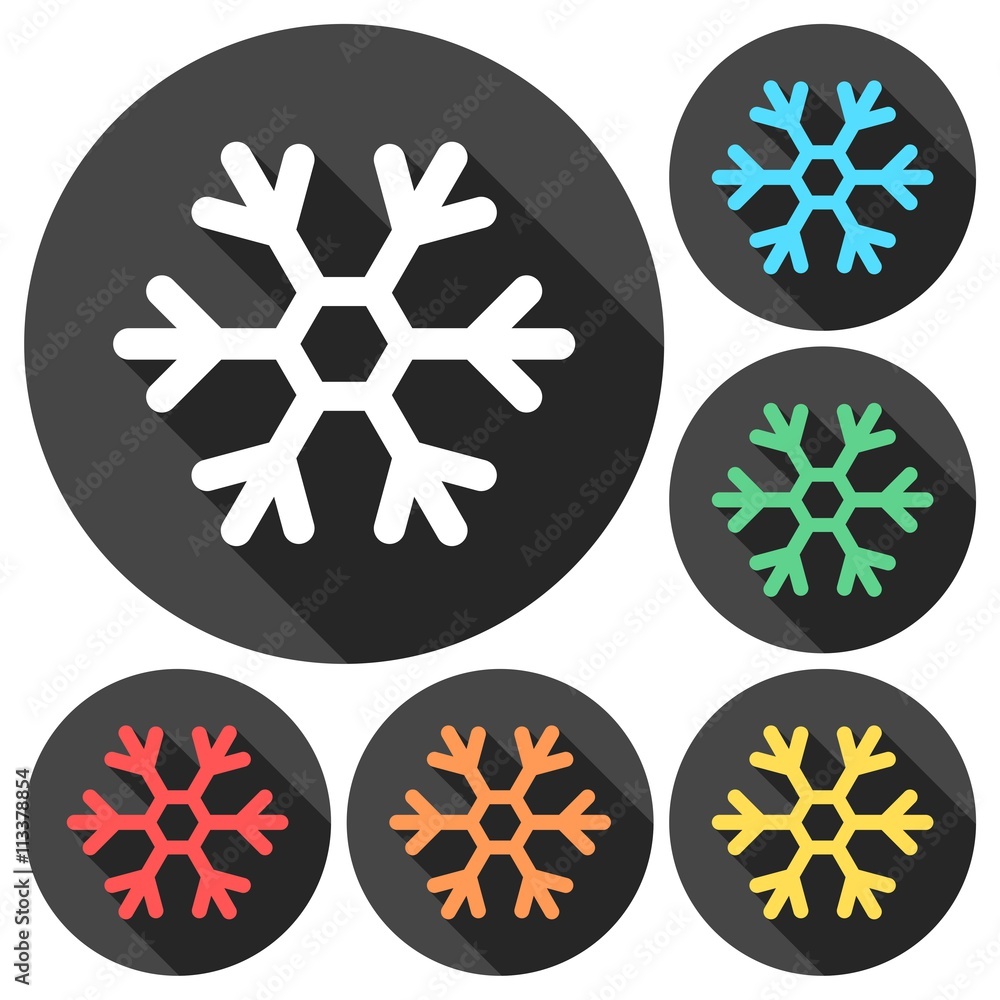 Poster snowflake icon in flat design style, set with long shadow