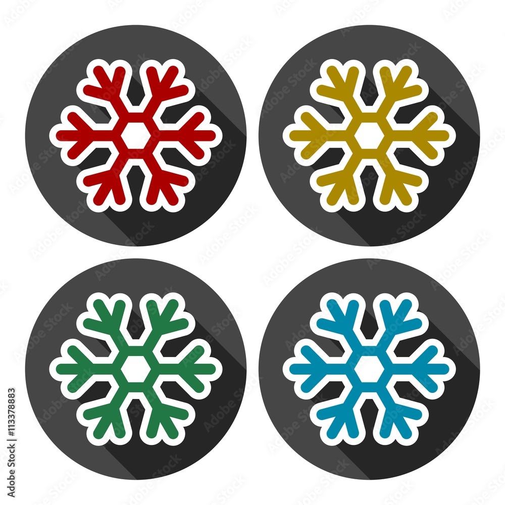 Poster snowflake icon in flat design style, set with long shadow