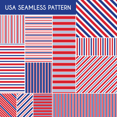 Patriotic red, white, blue geometric seamless patterns