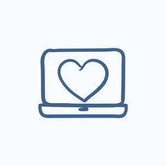 Laptop with heart symbol on screen sketch icon.