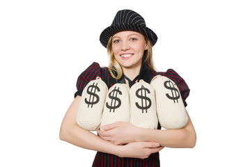Woman with money sacks on white