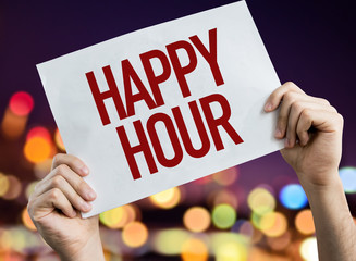 Happy Hour placard with night lights on background