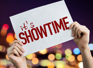 Its Showtime placard with night lights on background - obrazy, fototapety, plakaty