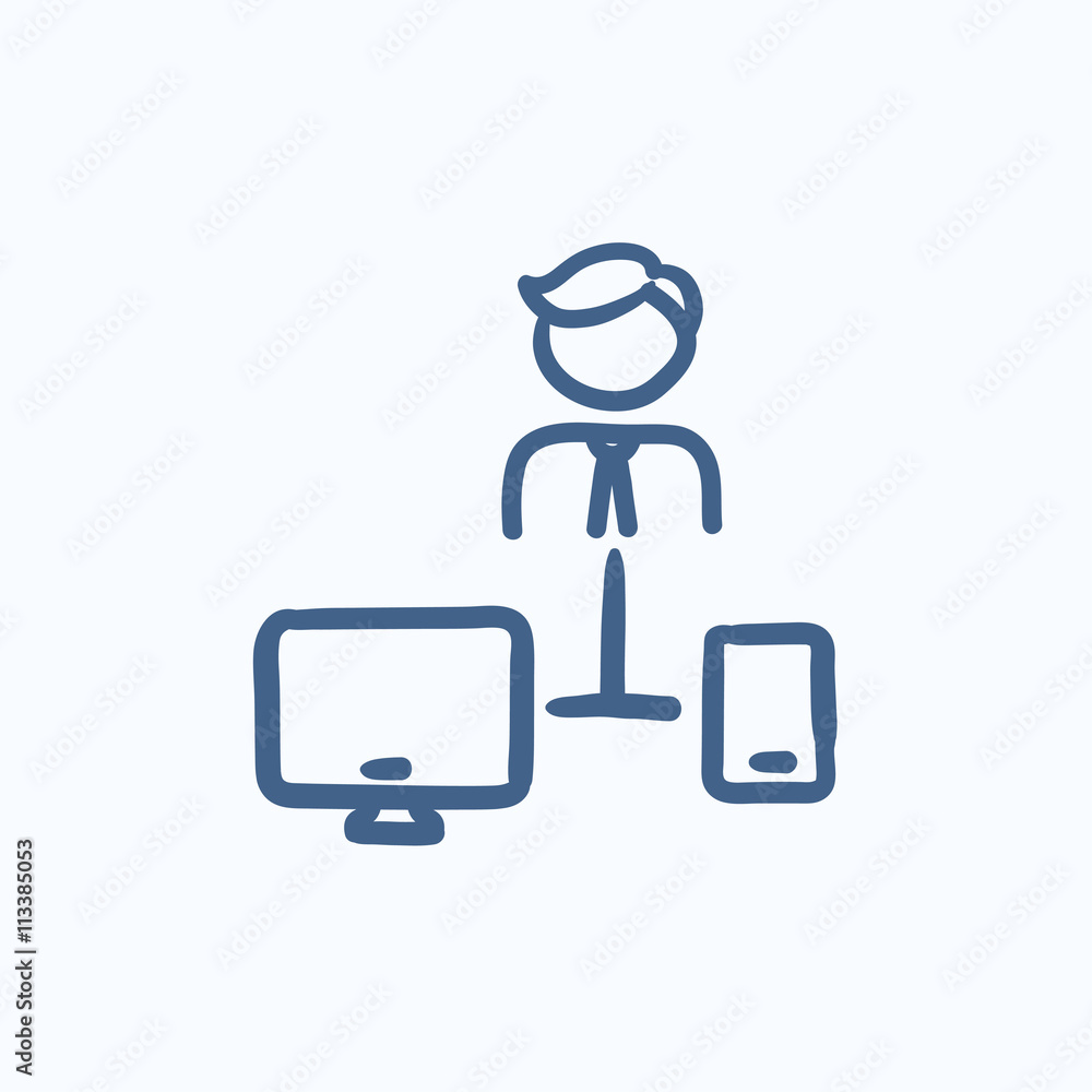 Aufkleber man linked with computer and phone sketch icon.