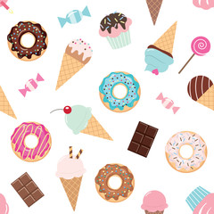 Birthday seamless pattern with sweets - ice cream, donuts, cupcakes, candies.