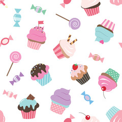 Fototapety  Birthday seamless pattern with sweets in pink and violet colors. Girly.