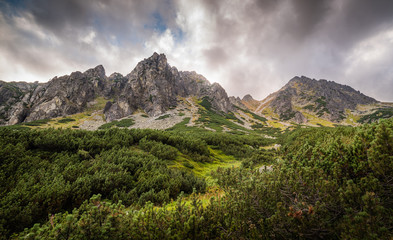 Mountain Landscape with Dramatic Glowing Sky and Trees in Foreground. Mlynicka Valley, High Tatra, Slovakia.
