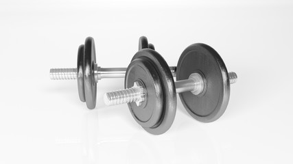 Weights, adjustable dumbbells, sports equipment isolated on white background