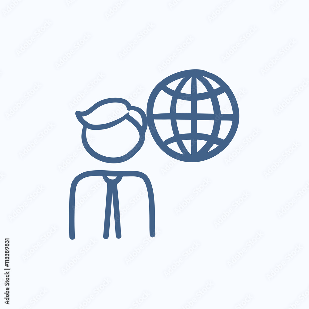 Poster man with globe sketch icon.