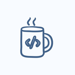 Cup of coffee with code sign sketch icon.