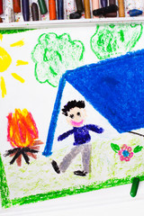 Obraz na płótnie Canvas colorful drawing: boy sitting in front of a tent
