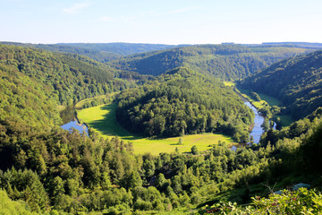 Elevated view from famous viewpoint of Giant's tomb lying inside the bend of the river Semois, located nearby the city of Bouillon, Wallonia, Ardennes, Belgium.
