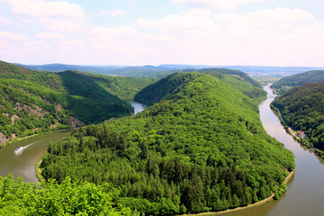 Saarschleife - The Saar river turning around the hill in Mettlach, Saarland, Germany. View of the...