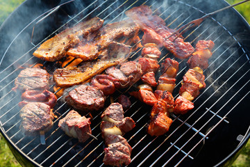 Assorted mixed grill on wooden skewers from chicken meat, lamb and pork, marinated spareribs, sausages and various vegetables roasting on barbecue grid cooked for summer family dinner