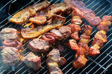Assorted mixed grill on wooden skewers from chicken meat, lamb and pork, marinated spareribs, sausages and various vegetables roasting on barbecue grid cooked for summer family dinner