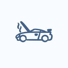 Broken car with open hood sketch icon.