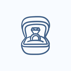 Wedding ring in gift box sketch icon.