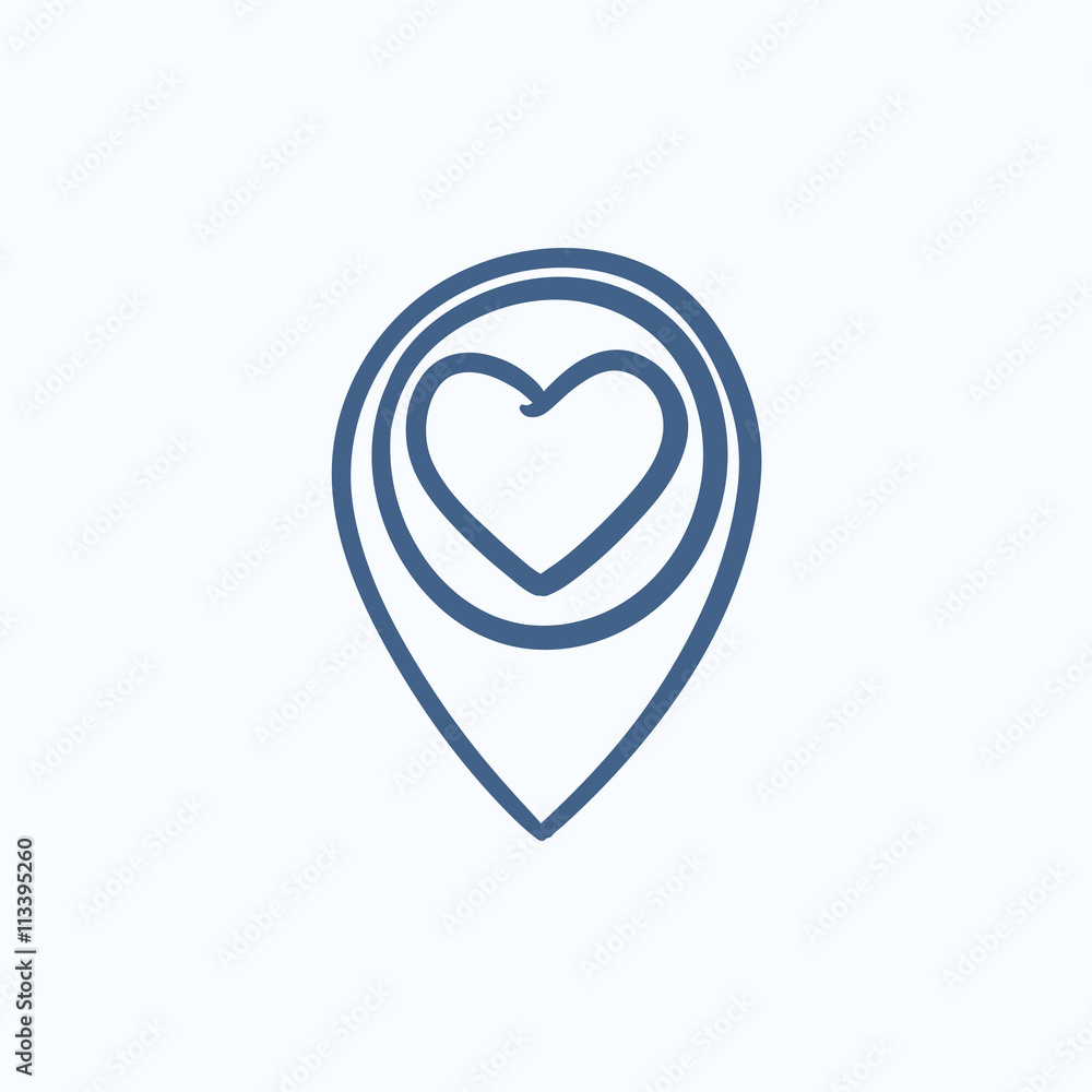 Poster map pointer with heart sketch icon.