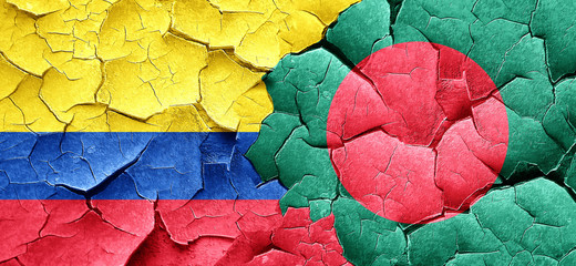Colombia flag with Bangladesh flag on a grunge cracked wall