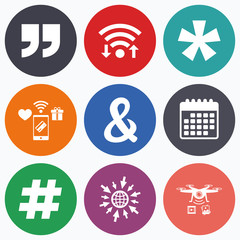 Quote, asterisk footnote icons. Hashtag symbol.