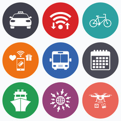 Transport icons. Taxi car, Bicycle, Bus and Ship