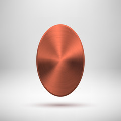 Bronze abstract ellipse badge, blank button template with metal texture, chrome, silver, steel, copper, rust and realistic shadow for logo, design concepts, prints, web. Vector illustration.