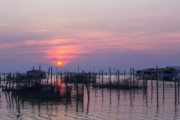 Fototapeta premium Laguna Songkhla znajduje się na południu Tajlandii. Społeczność wokół laguny to wioski rybackie, które hodują labraksa w sieciach hodowlanych wspartych na drewnianych żerdziach.