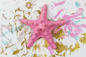 Pink Starfish on Painted Pastel and Gold Splatter and Strokes