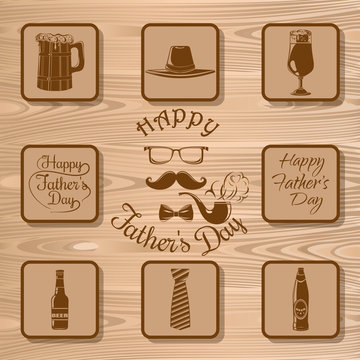 Father's Day vector icons collection on a wooden background. Happy Father's Day