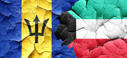Barbados flag with Kuwait flag on a grunge cracked wall