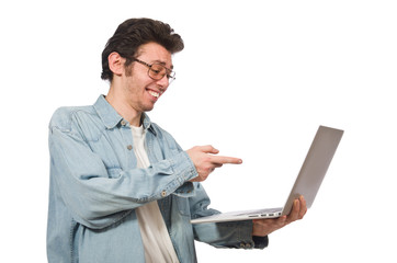 Young student with laptop isolated on white