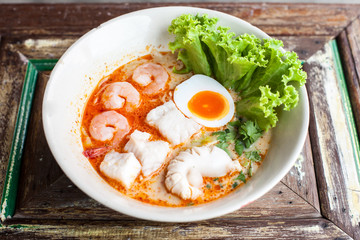 Tomyum noolde seafood and egg, Tomyum noodle, Thailand noodle, Thai food