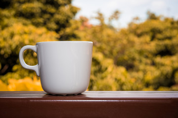 Cup of coffee on steel table and nature background