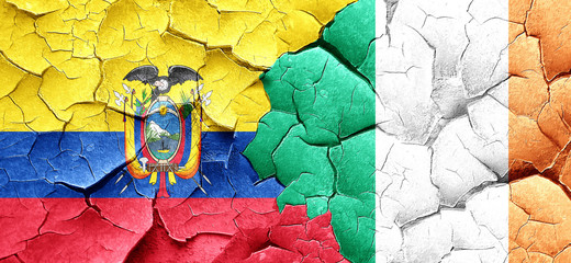 Ecuador flag with Ireland flag on a grunge cracked wall
