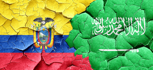Ecuador flag with Saudi Arabia flag on a grunge cracked wall