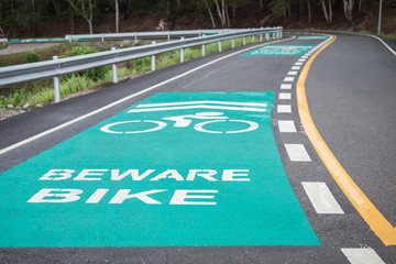Green bicycle lanes on the asphalt road