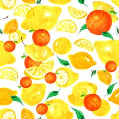Watercolor pattern of tropical fruit - citrus, oranges, grapefruit, lemons 