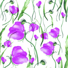     pattern of purple, lilac, flowers in watercolor. Flower poppy, stained glass painting with watercolors on white background 