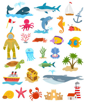 set of sea and ocean animals and fishes, palm trees and sand castle, ships, golden chest, lighthouse