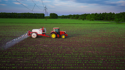 Obraz premium Tractor spraying field at spring