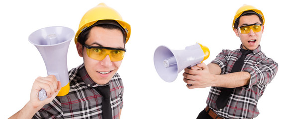 Young construction worker with loudspeaker isolated on white