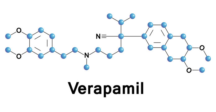 Verapamil is a calcium channel blocker used in the treatment of hypertension, angina pectoris, cardiac arrhythmia and cluster headaches. Vector medical illustration.